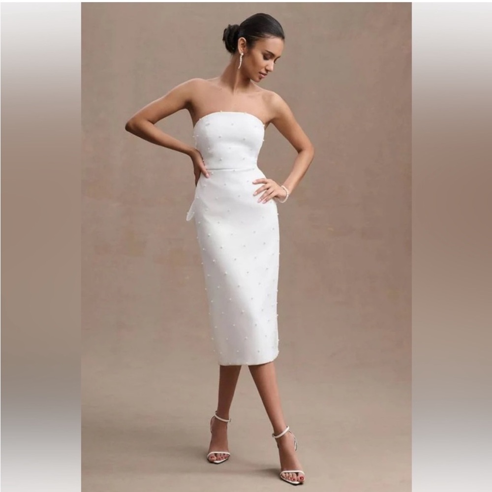 Sachin & Babi Gemma White Pearl Embellished Bow Back Strapless Midi Dress